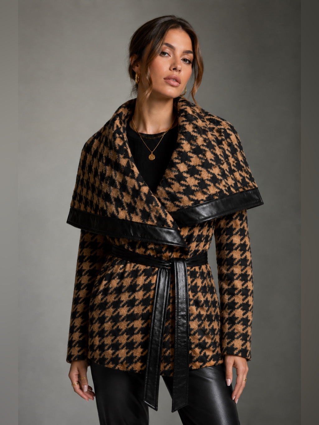 Max Mara Made Italy Houndstooth Belted Wrap Coat Leather Trim Size 8